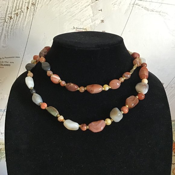 Vintage Polished Gemstone Beaded Necklace 34" Long Weighty Earth Tones - Picture 2 of 16